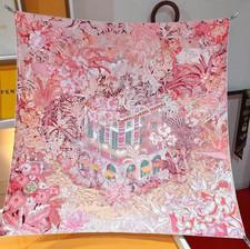 14 Momme Twill Silk Scarf Bandana Women Pink Castle Print Neckerchief Wrap 35''