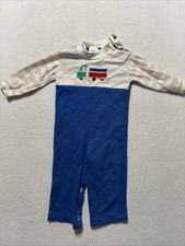 Vintage 90s Healthtex Truck Striped Romper Made In USA Retro Baby Toddler 18 Mos