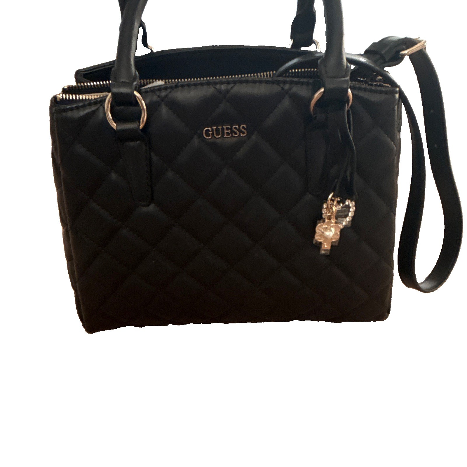 GUESS Black Solid Rectangle Satchel Top Handle Zip Crossbody Strap Gold Charm — image 3