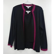 Ming Wang Black Pink Trim Knit Sweater Tank Cardigan Set Size L