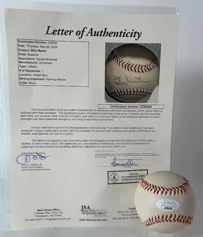 Billy Martin Autographed Baseball - JSA Letter of Authenticity - Image 3 of 3