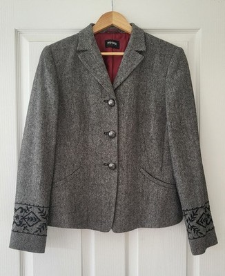 Hucke Womens Grey Herringbone Wool Blend Blazer Embroidered Detail / Size 12VGC