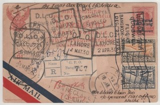 Tarjeta postal de correo aéreo registrado Siam Tailandia 1929 vuelo de buena voluntad a Delhi India