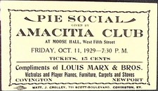 1929 Amacitia Club Pie Social Ticket Covington Kentucky Vintage Ephemera