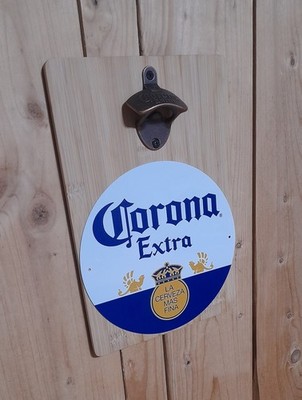 Corona Extra Schild Kupferner Corona Flaschenöffner auf Bambus Brett 30x20x1cm 