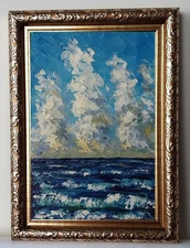 Cloudy Sky Seascape Mini Skyscape Art 4x6” Impasto oil painting original Framed