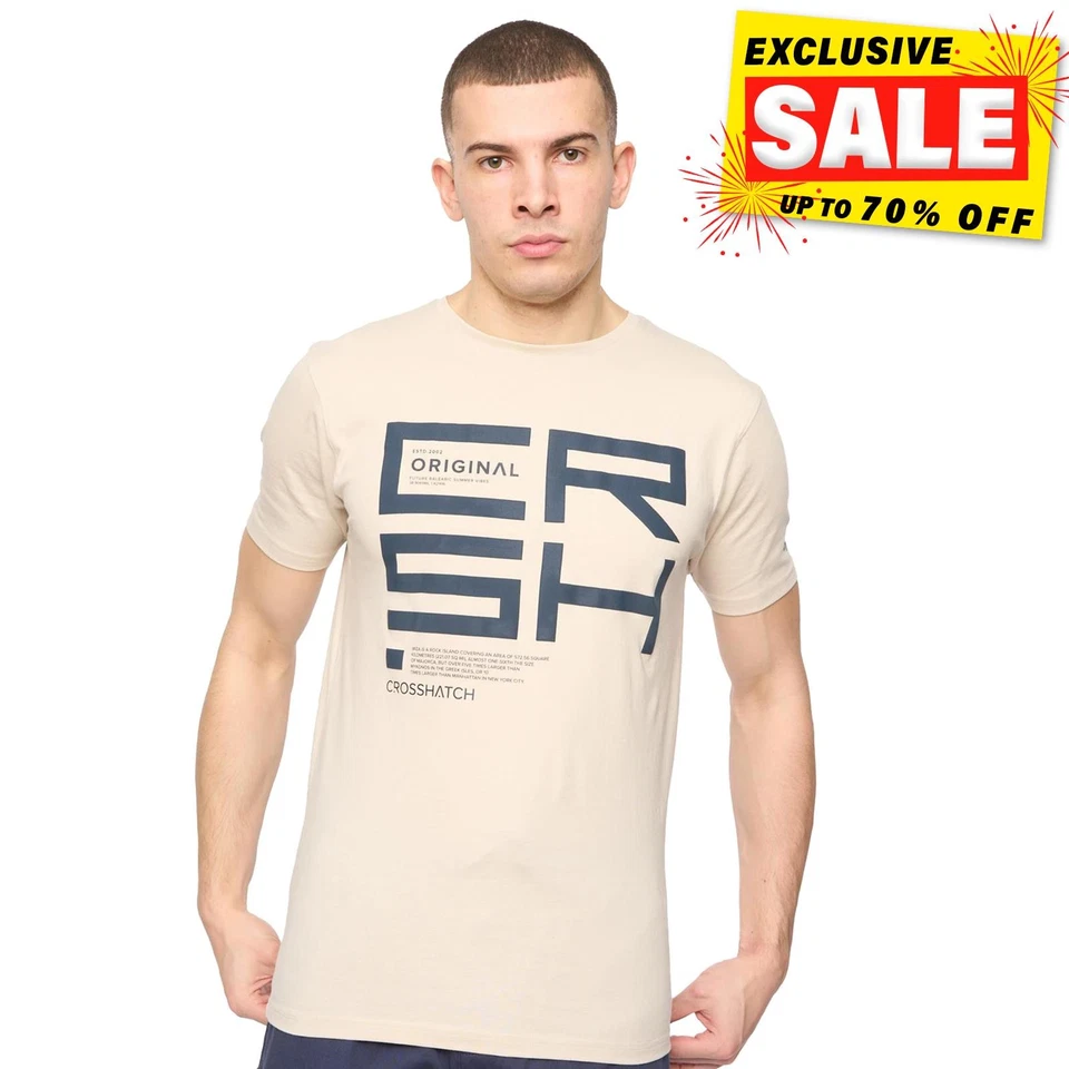 Crosshatch Squarebox Mens Casual Crew Neck Short Sleeved Cotton T-Shirt Stone