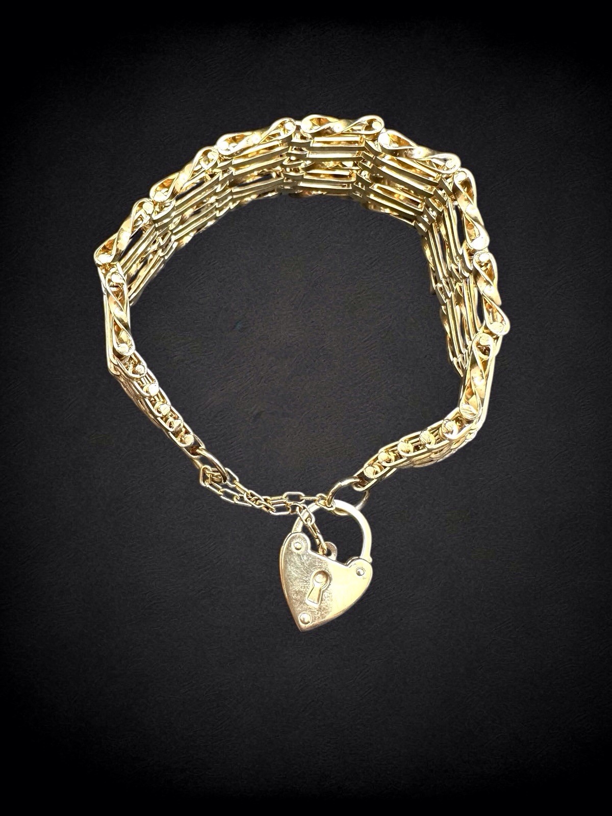 Vintage Gold Plated Gate Link Bracelet Heart Padlock Clasp Victorian Style