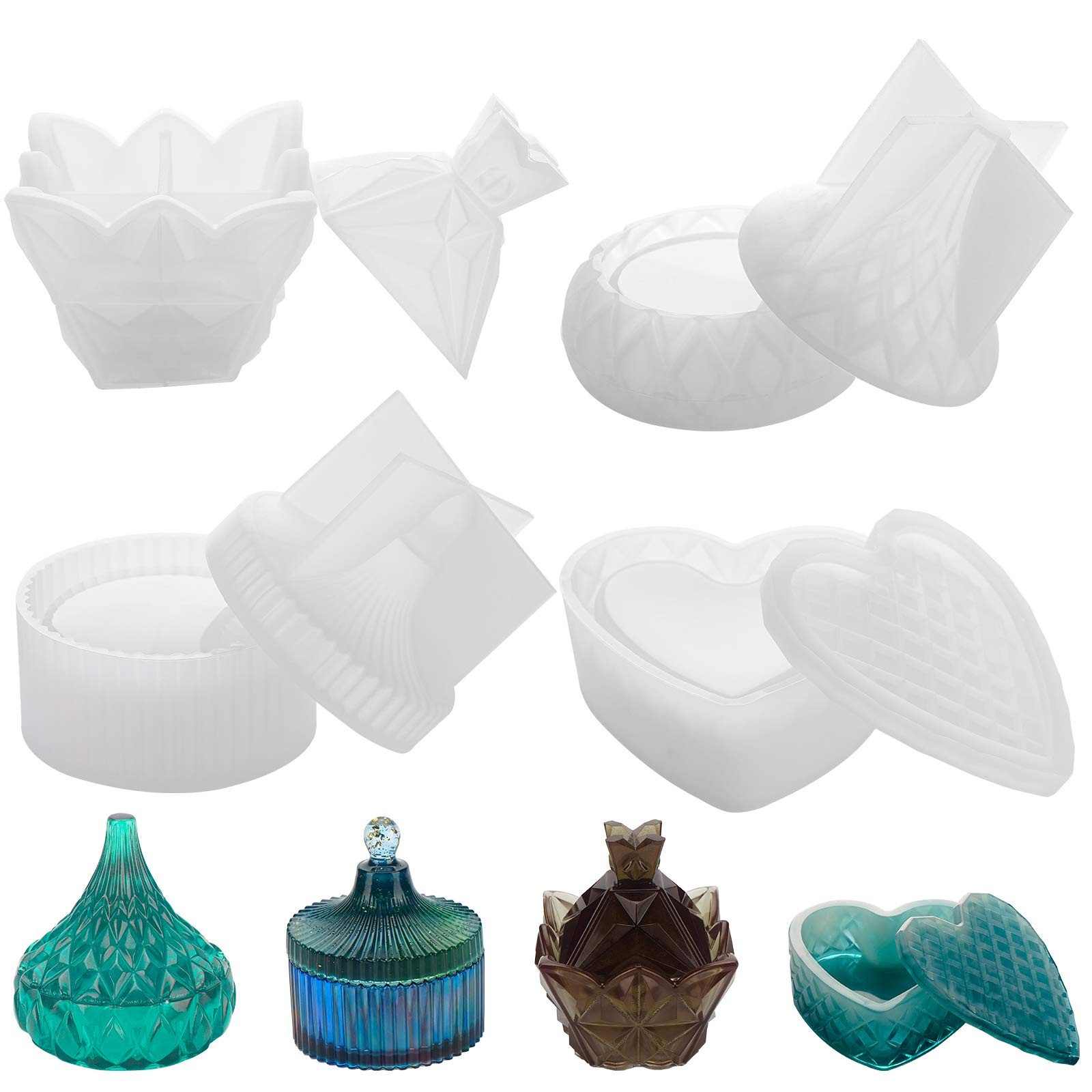 4PCS Silicone Jewelry Box Molds with Pyramid & Heart Design for Resin Crafts