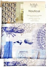 Nautical Postcard Shower Curtain Sailing Ship Lobster Sealife Blue White Bath