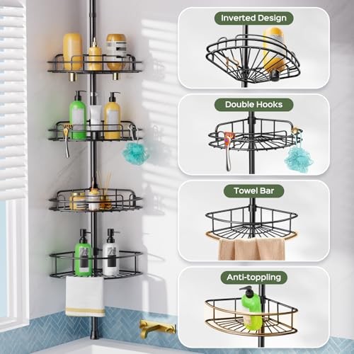  Shower Caddy Tension Pole: 4-Tier Rustproof Bathroom Corner Shelf Black