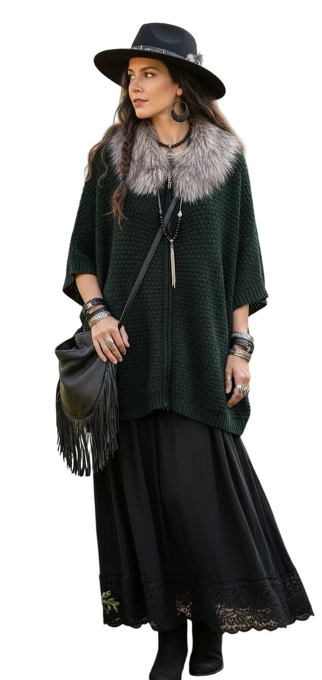 Nuevo con etiquetas Poncho tejido Adrienne Landau verde oscuro cuello de piel de zorro real cierre de cremallera OS Foto 4 de 4