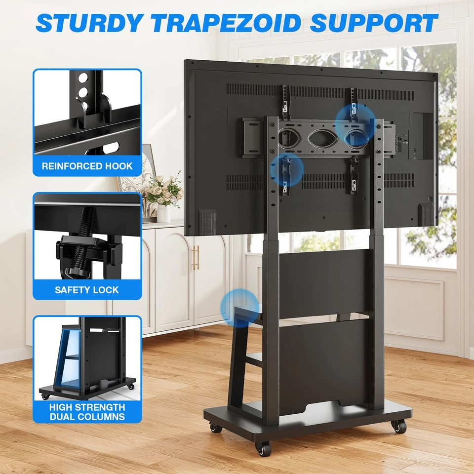 Soporte de TV con ruedas con estantes para televisores de 37"-75", soporte de base ancha de alta resistencia negro Foto 4 de 4