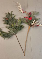 2 Artificial Pine Branches xmas Decor Faux Deer Antlers Red bird Spray Pinecones