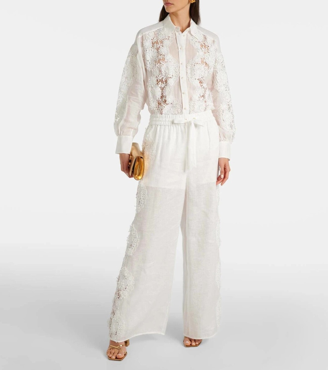 【Zimmermann】Halliday lace-trimmed linen wide-leg pants NWT Zimmermann Halliday Lace Trim Linen Wide Leg Pants Size