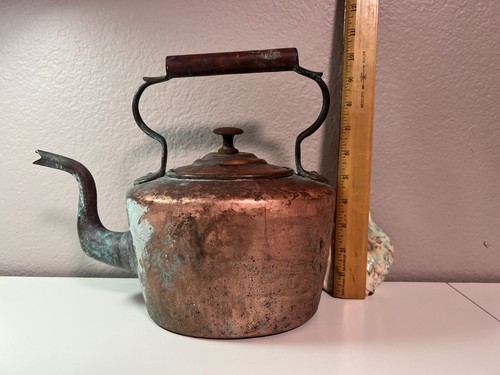 Antique Copper & Brass Tea Kettle Decoration Outdoor Only Patina Needs TLC - Picture 3 of 6