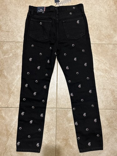 Tommy Hilfiger Girls Taper Leg Jeans Sz 16 Black White Embroidered Peace Smiley - Picture 3 of 8