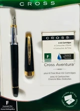Cross Aventura Black "M" Nib Fountain Pen with 6 Free Blue Ink Cartridges