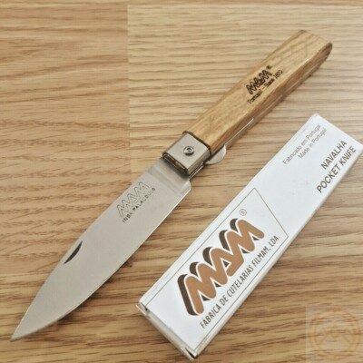 MAM Linerlock Folding Knife 3'' Stainless Steel Drop Point Blade Brown Oak Handle