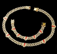 Gold Tone Broken Heart Pendant 20" Iced Cubic Zirconia Necklace 8" Bracelet Set