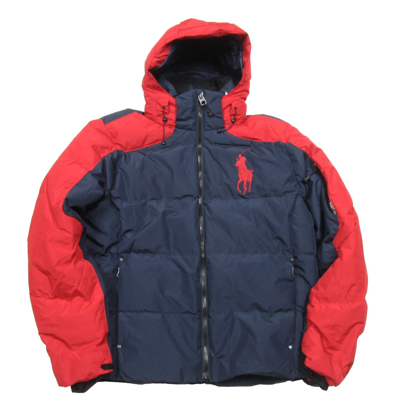 Polo Ralph Lauren Uomo Rosso Navy Colorblock Grande Pony Puffer Giacca con Cappuccio