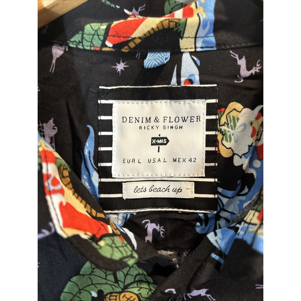 全新带标签 Denim & Flower 男式 L 圣诞老人冲浪衬衫粘胶 Aloha 夏威夷假日 — 第 2/4 张图片