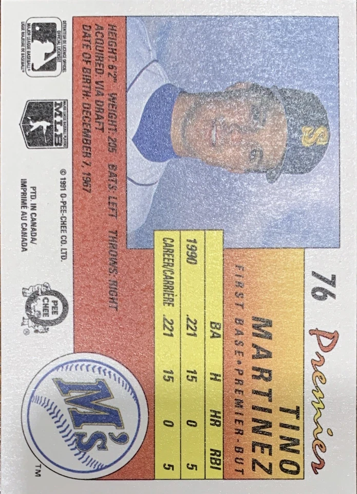1991 O-Pee-Chee Premier Tino Martinez Seattle Mariners #76 NMMT - Image 2 of 2