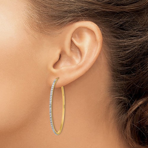 14K Solid Yellow Gold Diamond Round Large Hoop Earrings - Picture 2 of 3