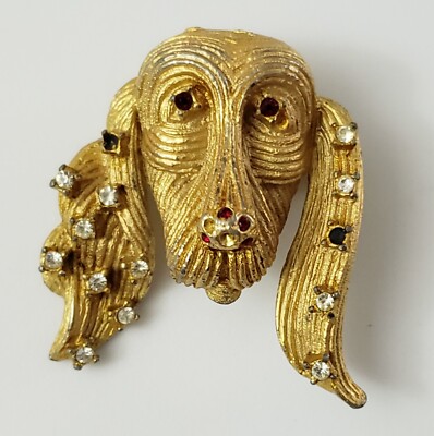 Vintage 1960's OBCO Goldtone Rhinestone Textured Spaniel Dog Face Brooch Pin 