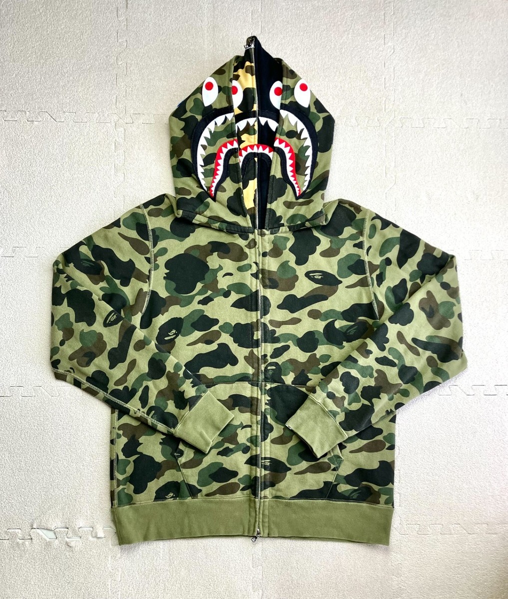 Bape 1st Camo Green Double Shark Full Zip Hoodie authentic bathing