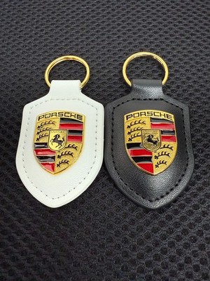 2X Porsche Crest Leather Keyring Keychain Fob -  White & Black