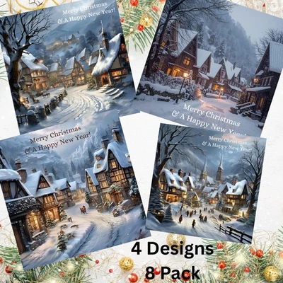 Bumper Pack Of 8 Village Snow Scene Luxury Christmas Cards 4 Styles Included