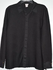CHICOS Textured Stretch Long Sleeve Collared Button Front Shirt Black  2/ Large
