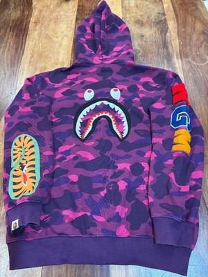 A Bathing Ape Purple Pink Camo Shark design tiger sleeve Zip Hoodie Sz Large