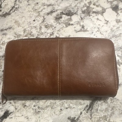 Strada Women's Brown Zip-Around Wallet with Zipper Logo Accents, Credit Card