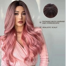 Ombre Pink Wigs for Women Long Curly Wig with Bangs Synthetic Hair Heat Resistan