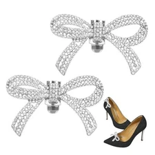 Jeffdad 1 Pair Rhinestone Shoe Clips, Detachable Bow Heels Accessories Silver