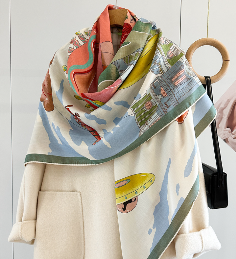 70% Cashmere 30% Silk Horse Print Double Face Shawl Wrap Scarf 135X135cm