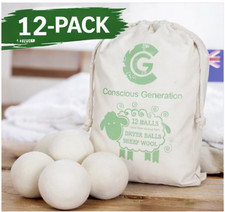 12 Tumble Dryer Balls Wool 7.5cm Extra Large - Handmade Reusable Organic