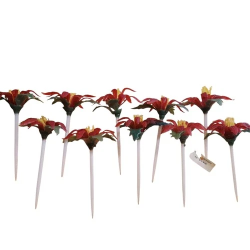 Vintage Christmas Picks Cupcake Toppers Lot of 10 Poinsettia Plastic 3" Unused