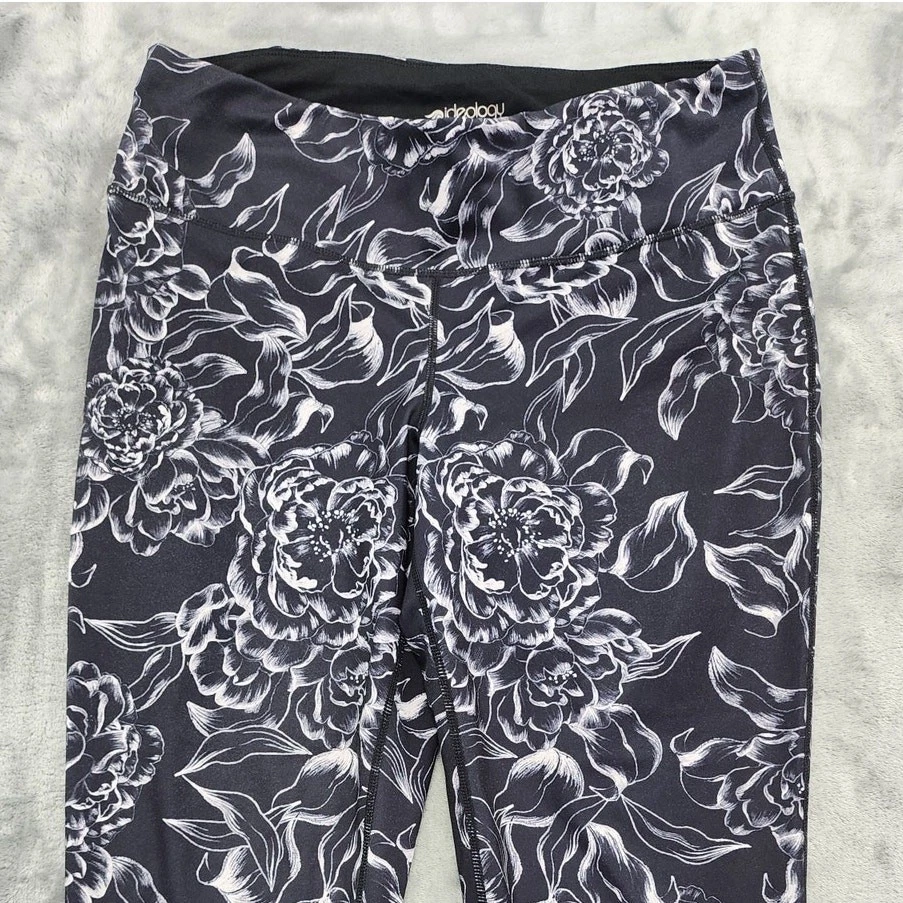 Леггинсы женские Ideology L черные белые с цветочным узором лотос с высоким подъемом сетка на лодыжку йога - Изображение 2 из 4