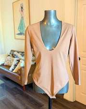 Free People Intimately Beige Long Sleeve Deep V-Neck Stretch Bodysuit M