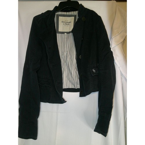 Abercrombie & Fitch Navy Blue Cropped Blazer Jacket Striped Lining Size M