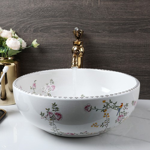 US Bathroom Vessel Sink Round Ceramic Golden Mixer Deck Mounted Faucet Set Drain - Picture 6 of 12