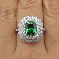 925 Sterling Silver Green Octagon-Cut  White Round-Cut Shaped C Z Ring Size 8