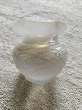 Loetz Art Glass Kralik Ruffle Top Fosted Raised Line Vase Irridescent Thick Mold