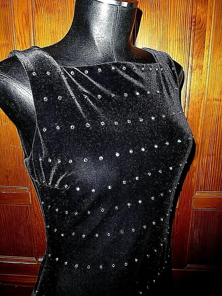 Maxi Vestido de Fiesta de Noche Falda De Colección Tadashi Negro Terciopelo Brillante Estrás Foto 3 de 4