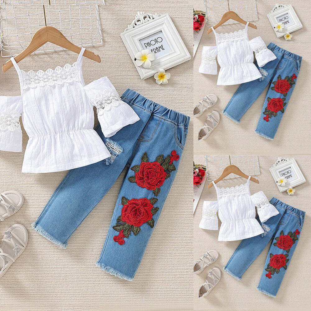 Newborn Baby Boys Girls Lace Tops Jeans Pants Sunsuit Outfits Set Clothes