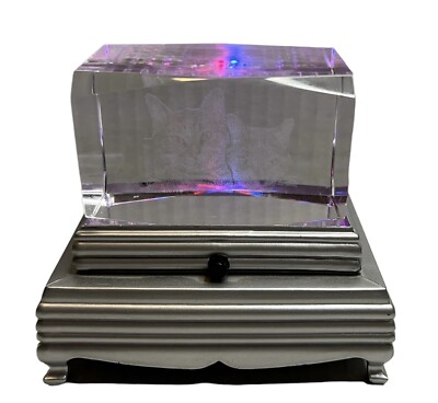 3D Etched Hologram Crystal Glass Paperweight Cube Two Cats Kitty Light Stand