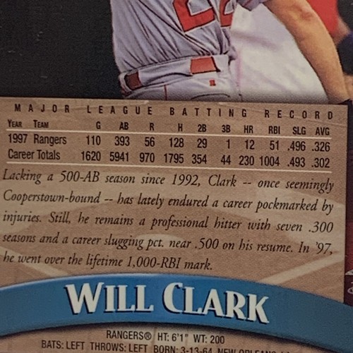 1998 Topps Finest with Protector intact Prism effect Will Clark - Near Mint #68 - Picture 8 of 12